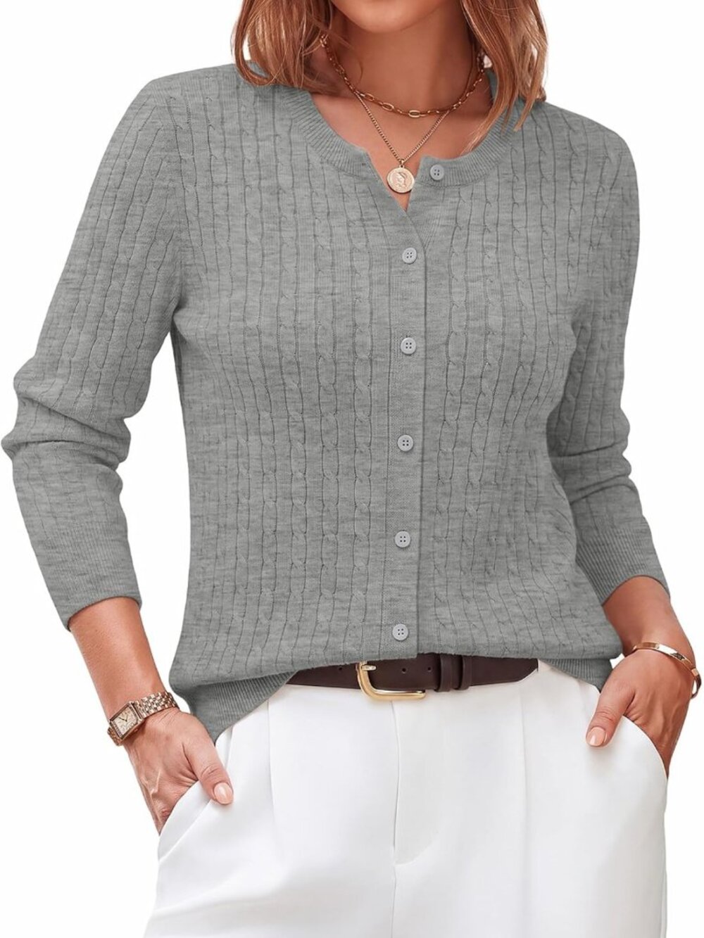 Cozy Long Sleeve Cable Knit Cardigan Sweater for Women - Essential Basic Outfit